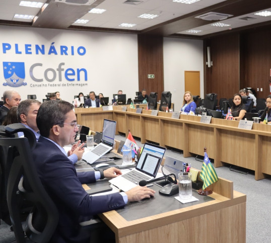 Um grupo de pessoas em volta de uma mesa, em uma reunião