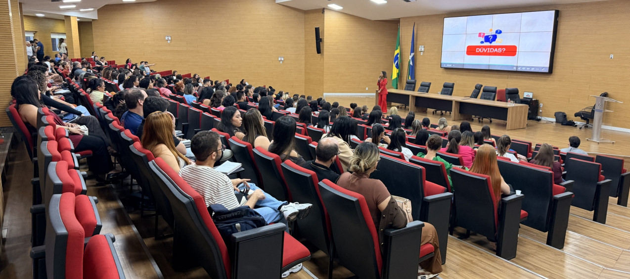 Palestrantes em um auditório, com várias pessoas assistindo