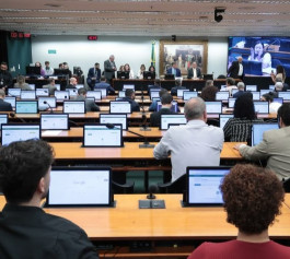 Pessoas sentadas em uma sala de reunião de comissão