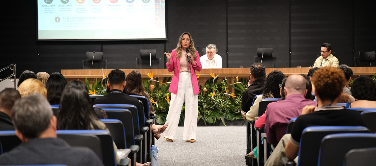 Pessoa em pé falando para pessoas sentadas em um auditório
